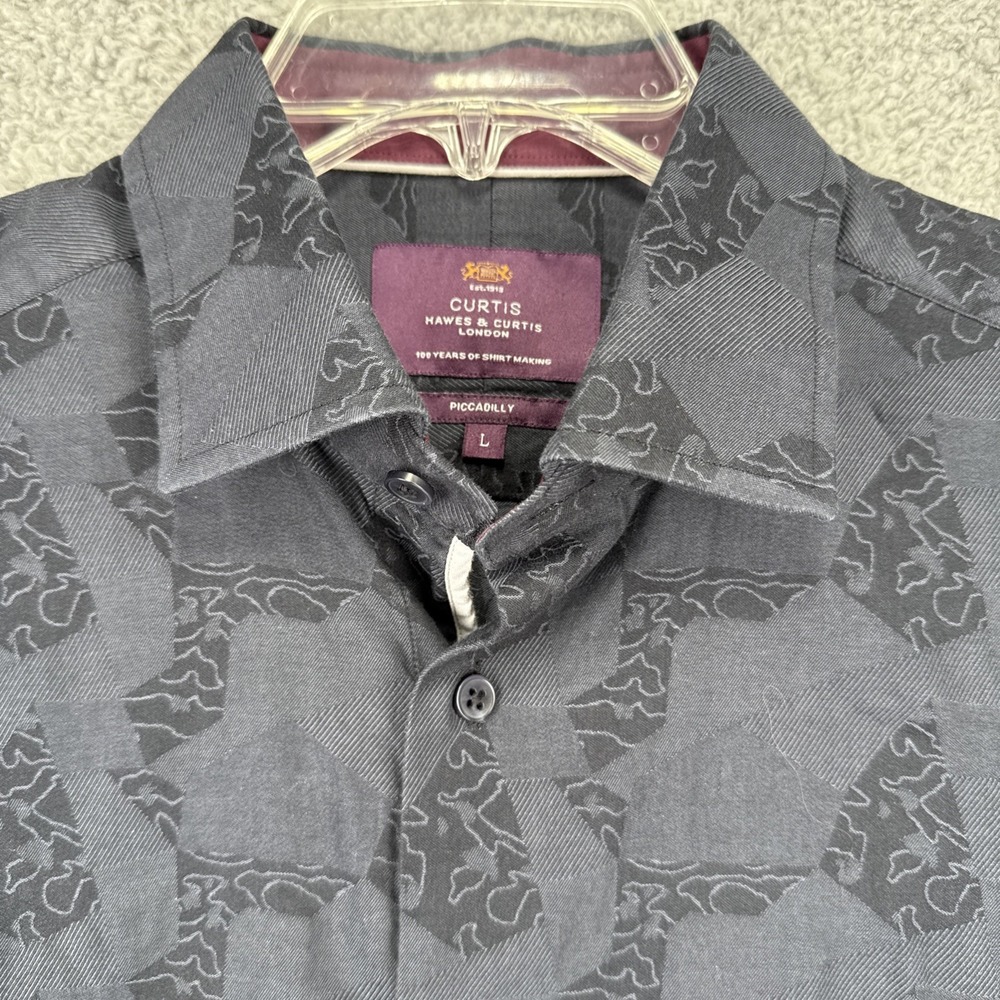 Hawes & Curtis Mens Large Black L/S Dress Shirt Geometric Print Piccadilly
